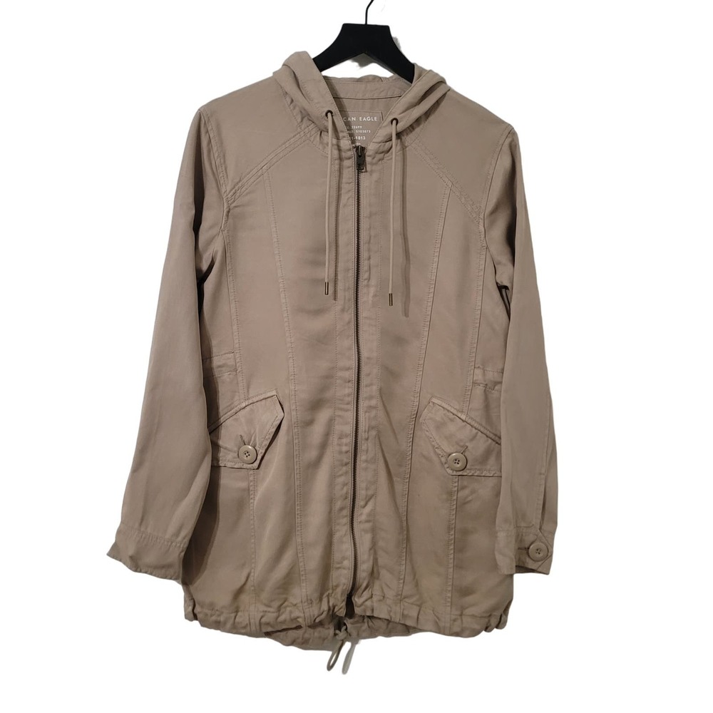 American Eagle Hooded Parka Jacket XS Tan Full Zip Drawstring Pockets Casual